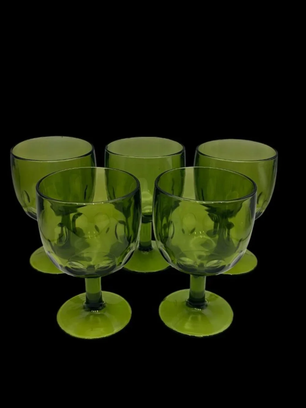 Vintage Bartlett Collin 1970s Avocado Green Thumbprint Goblets –Coin Dot Glasses